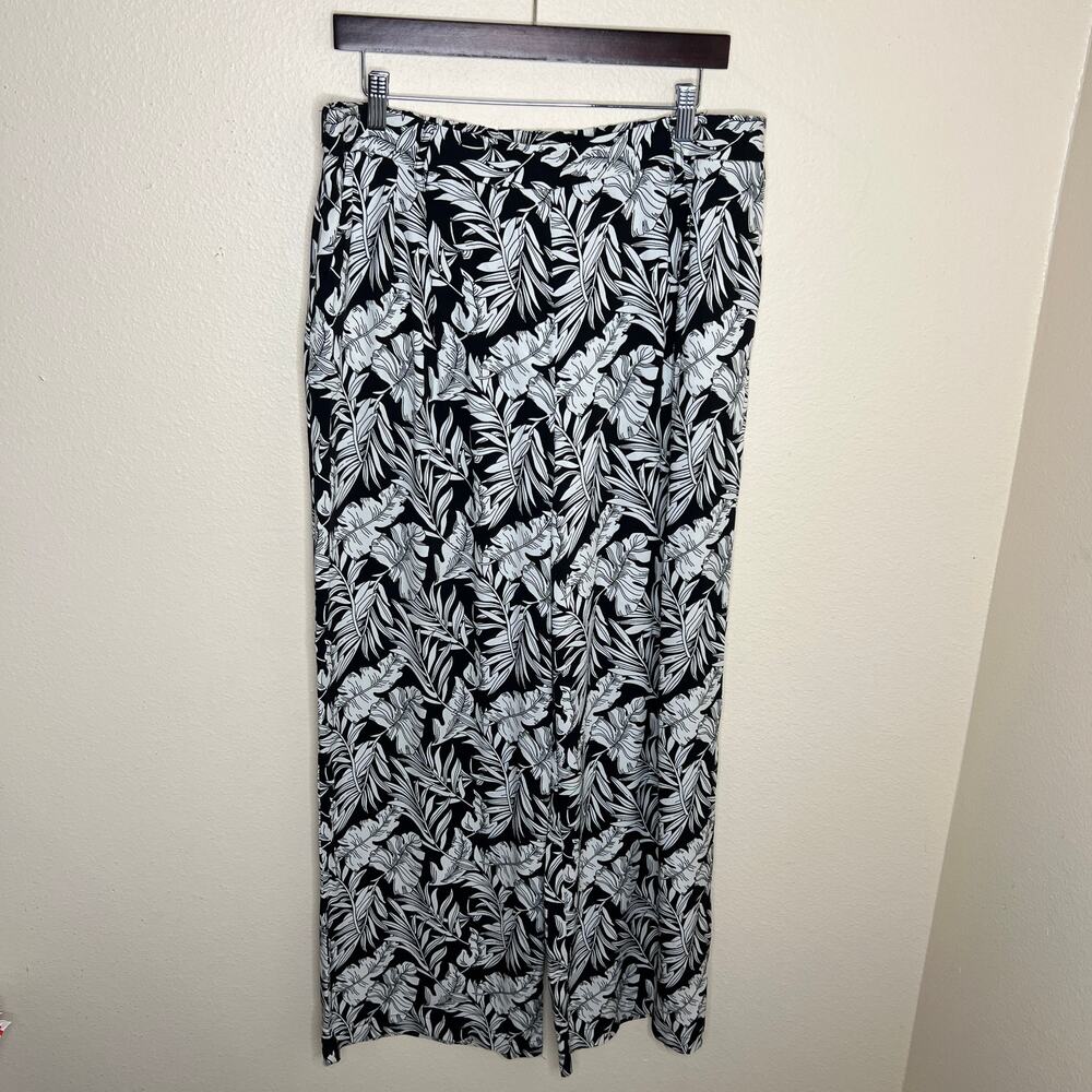 Adrienne Vittadini Black White Floral Print Wide Leg Pull On Pant Large
